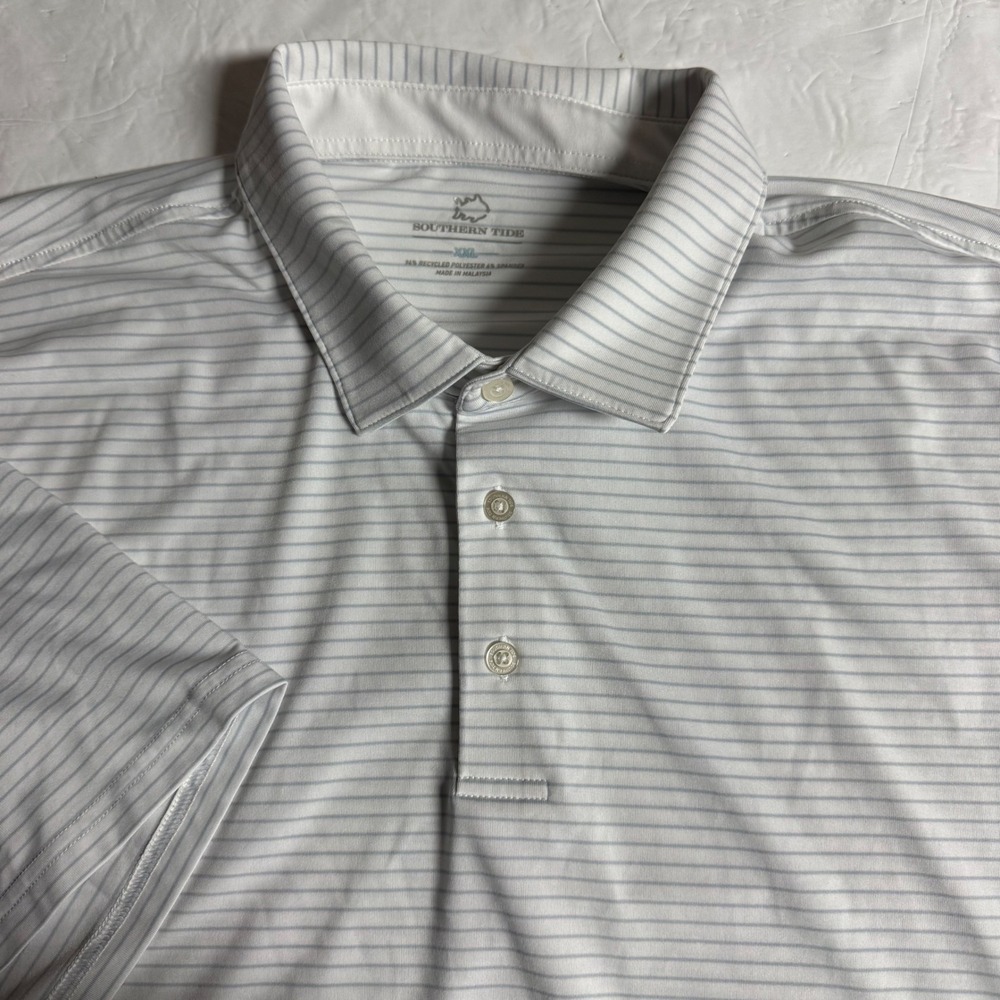 Southern Tide Mens XXL Performance Polo Shirt White Grey Striped Short Sleeve